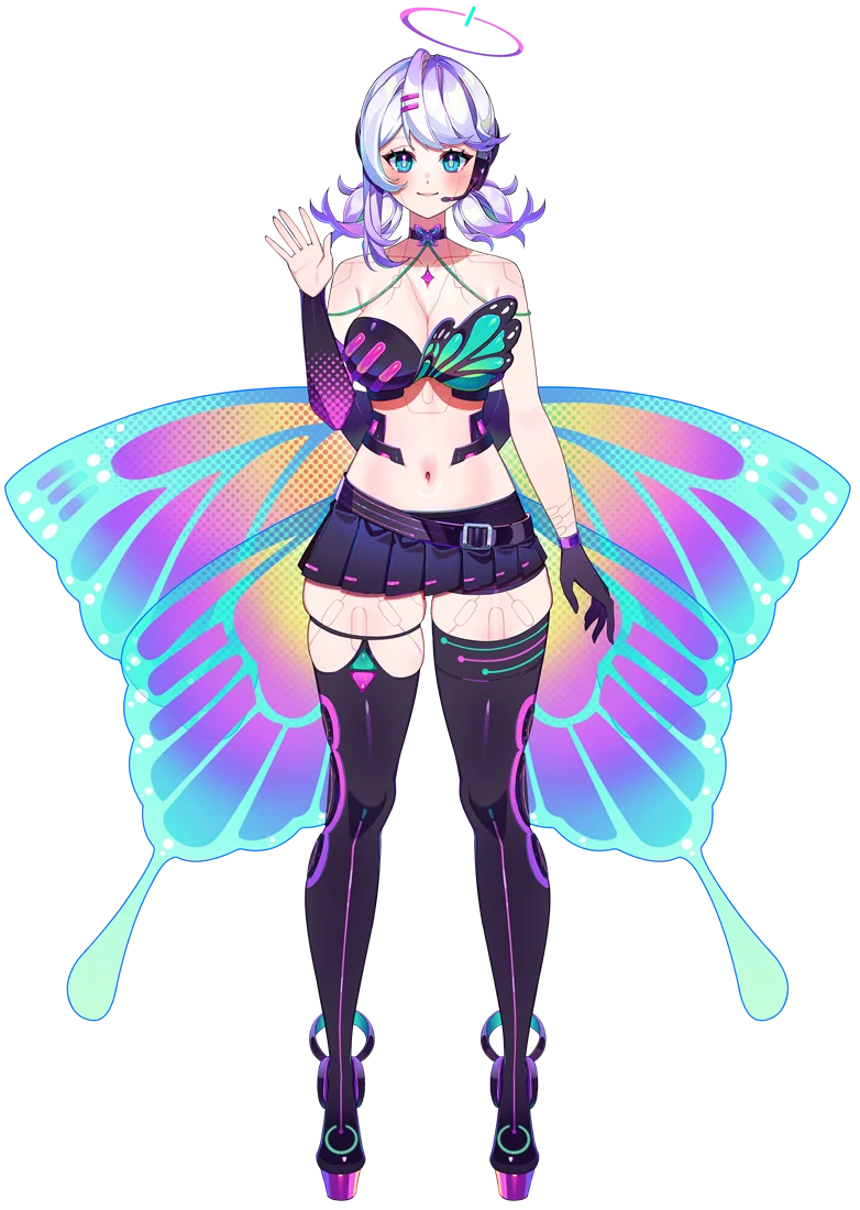 Ender Empress 2.0 waving hello, silver hair, pink halo, butterfly wings