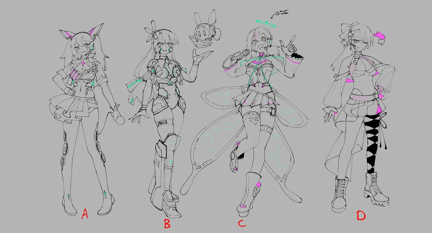 Four early concept sketches of the 2.0 design